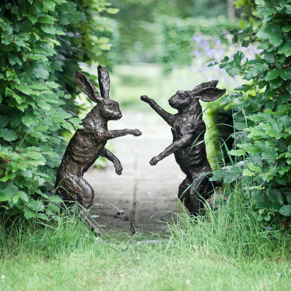 Pair Of Boxing Hares Bronze Sculpture