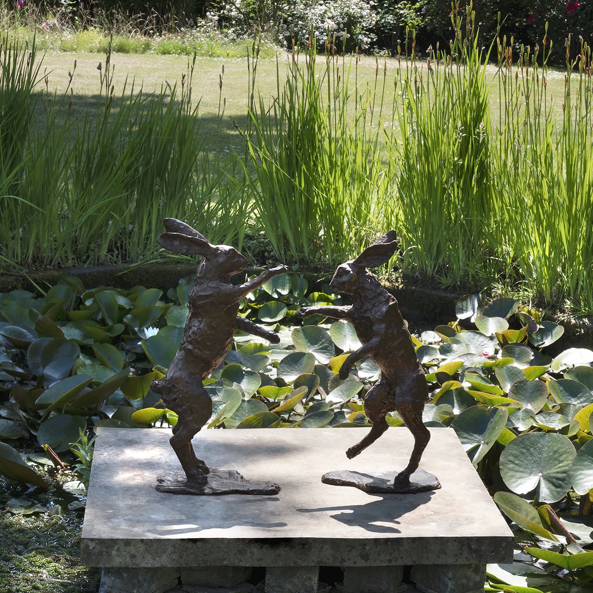 Pair Of Boxing Hares Bronze Sculpture