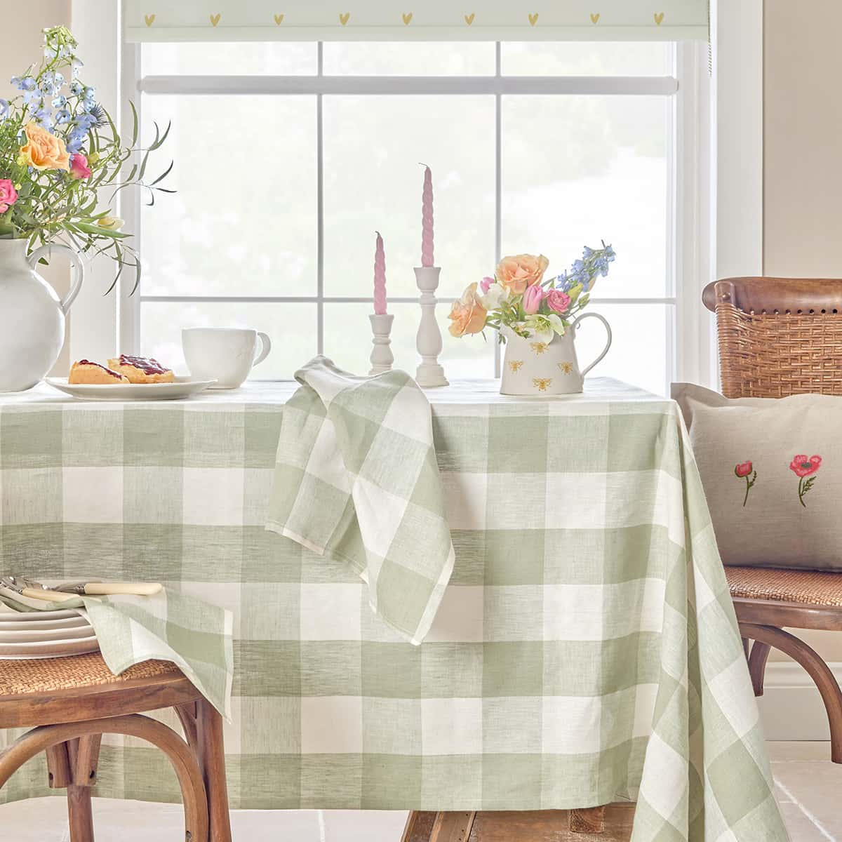 Sage Green Gingham Linen Tablecloth